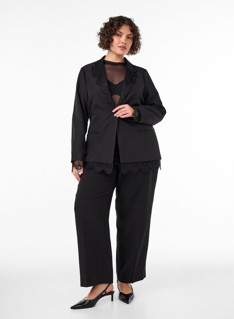 Blazer with lace trim, Black, Model image number 1