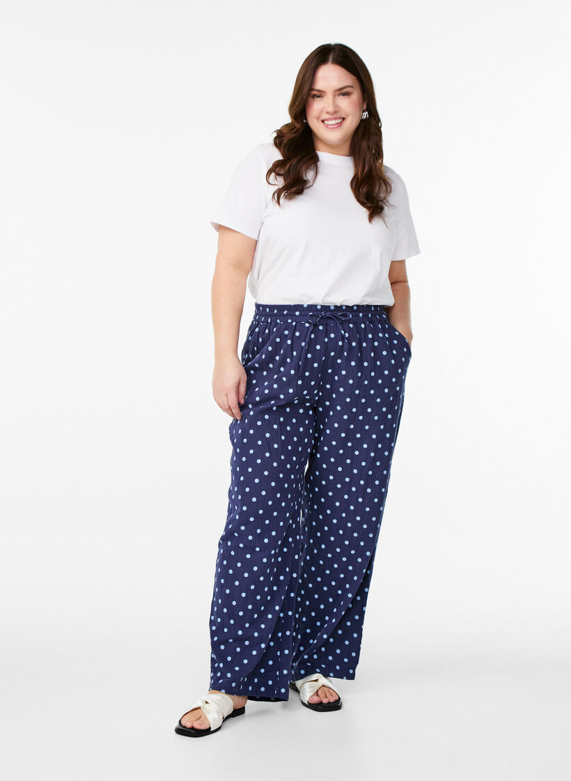 Loose trousers in patterned cotton muslin, Blue, Model image number 0