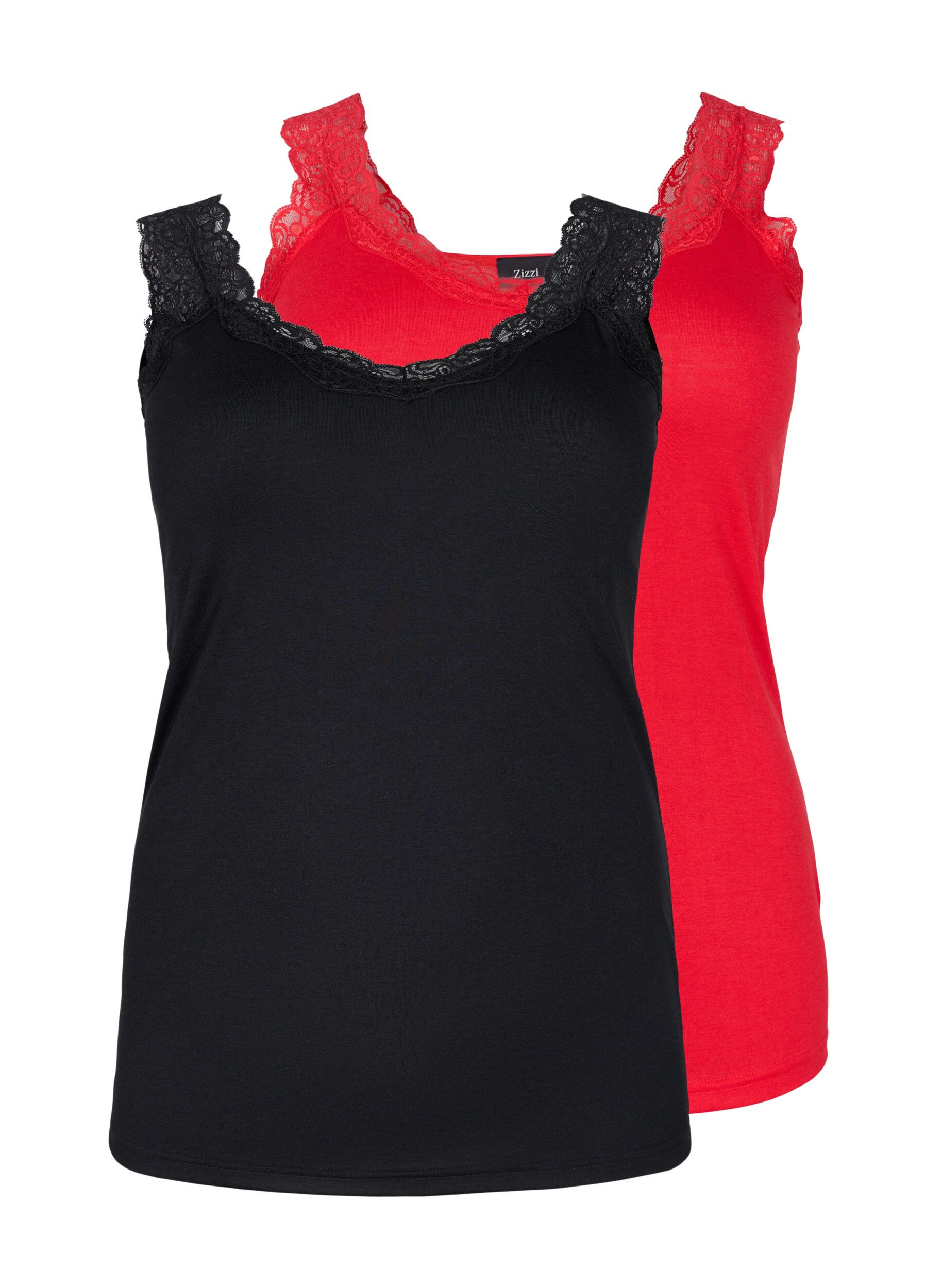 Zizzifashion 2-pack top with lace, Black/Chinese Red, Packshot image number 0