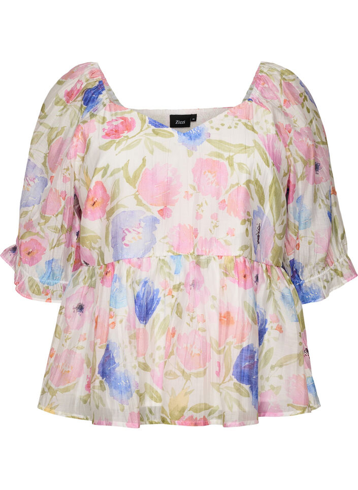 Lyocell blouse with floral print and sweetheart neckline, White, Packshot image number 0