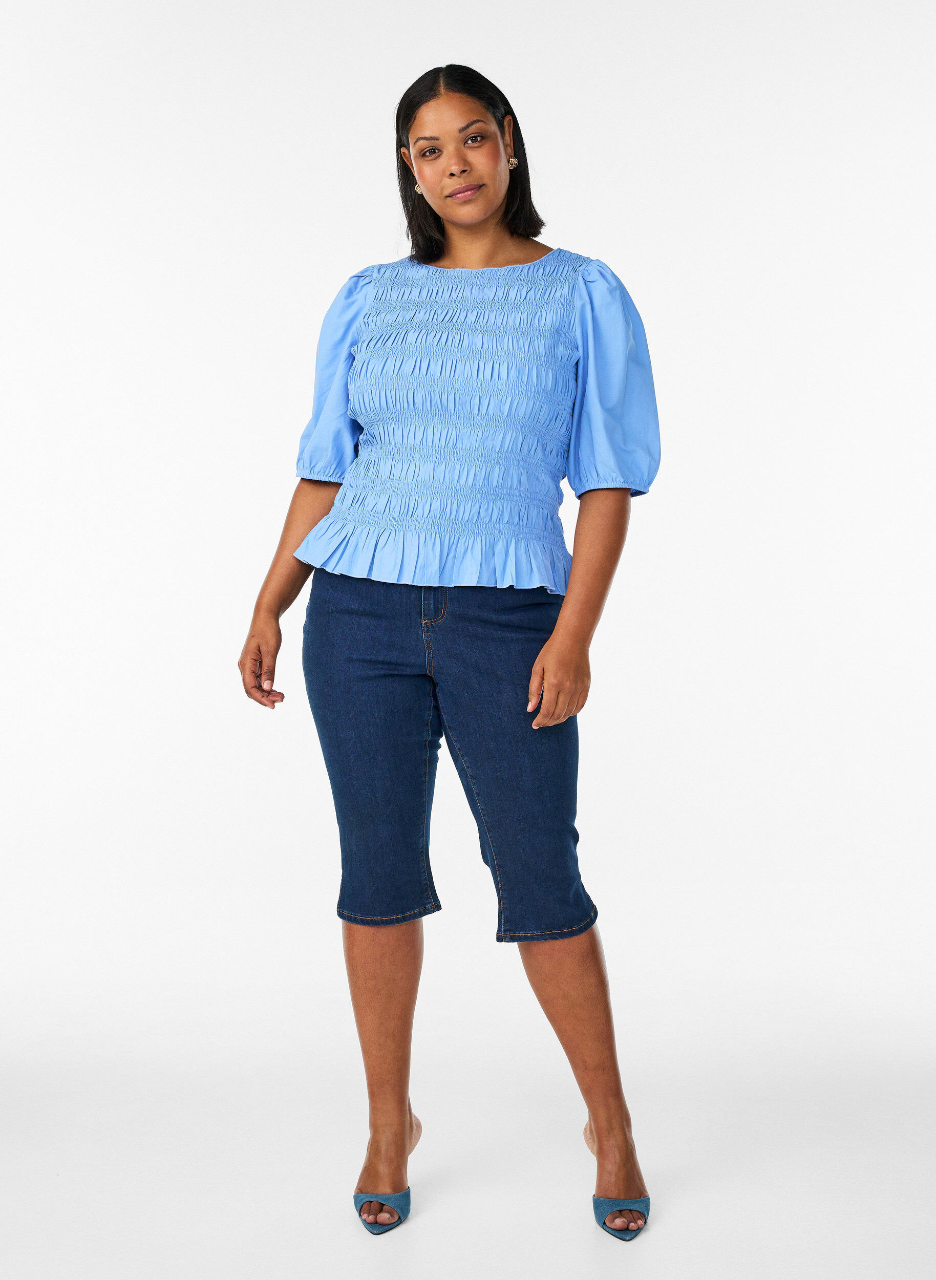 ZizzifashionSmock blouse with a ruffle hem and boat neck, Blue, Model image number 1
