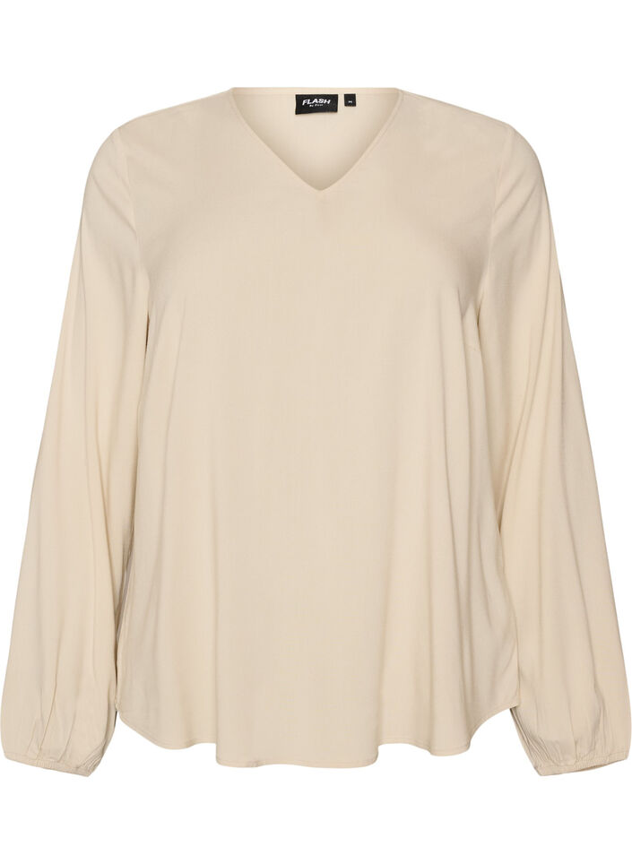 Viscose blouse with V-neck and rounded hem, Beige, Packshot image number 0