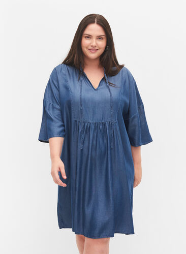 Dress with 3/4 sleeves in lyocell (TENCEL™), Blue denim, Model image number 0