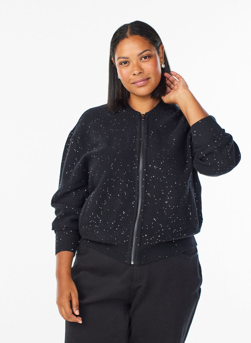 Cardigan with zipper and sequins, Black, Model image number 0