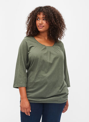 Cotton blouse with 3/4 sleeves, Thyme, Model image number 0
