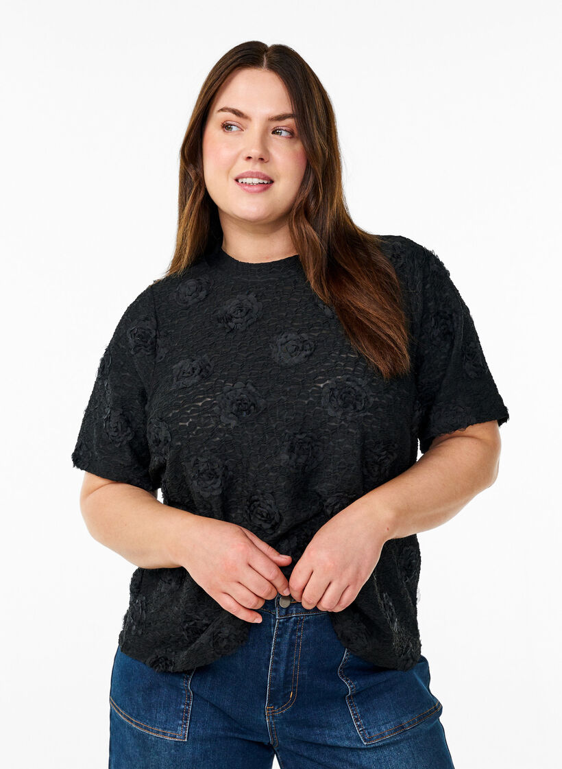 Blouse with 3D flowers and short sleeves, Black, Model image number 0
