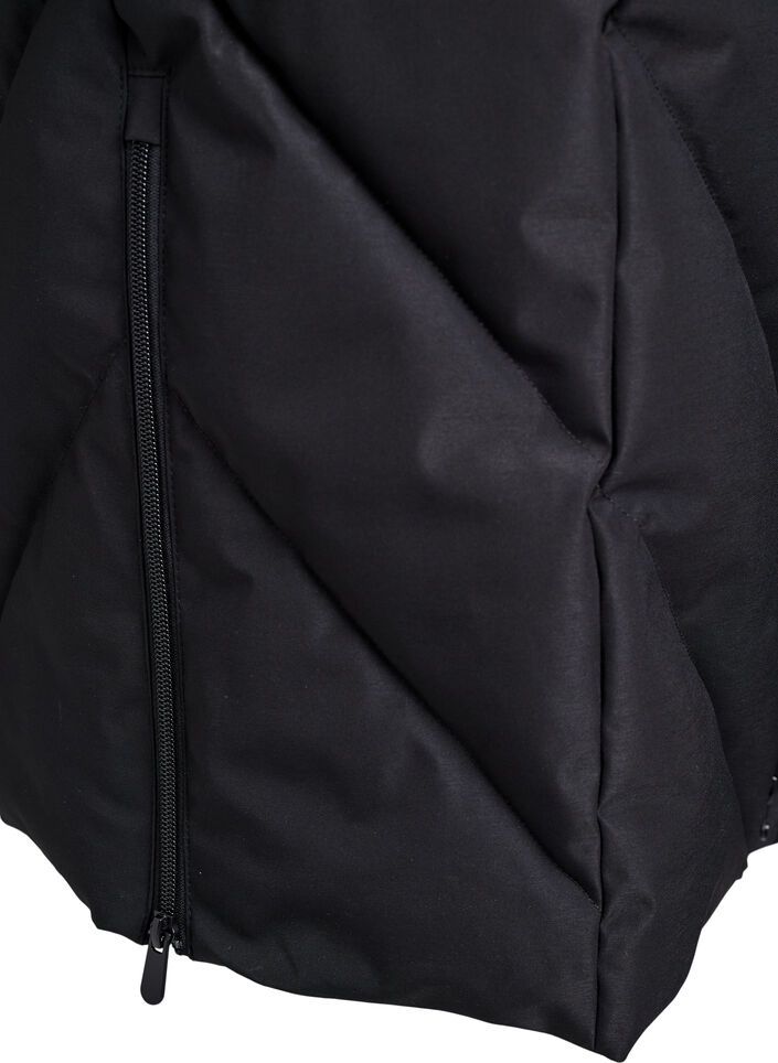 Long winter coat with hook fastenings and a faux fur collar, Black, Packshot image number 4