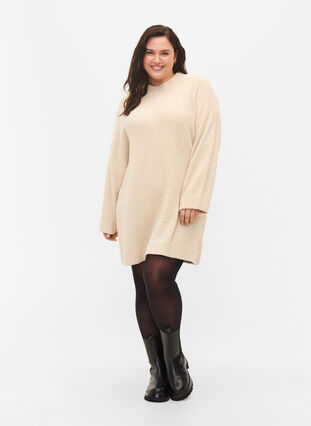 Long knitted jumper in soft teddy, Pumice Stone, Model image number 2