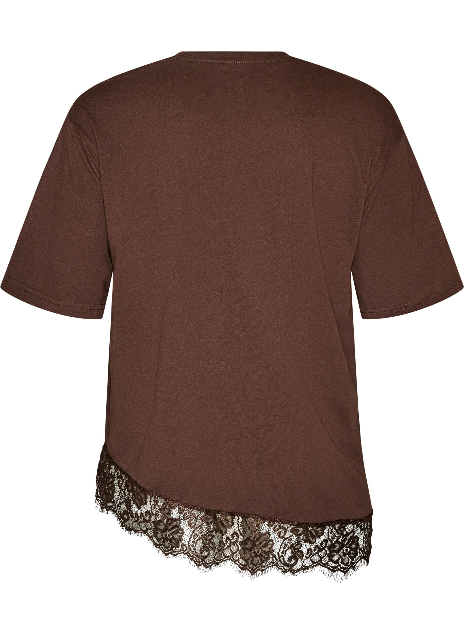ZizzifashionT-shirt with asymmetric lace hem, Brown, Packshot image number 1