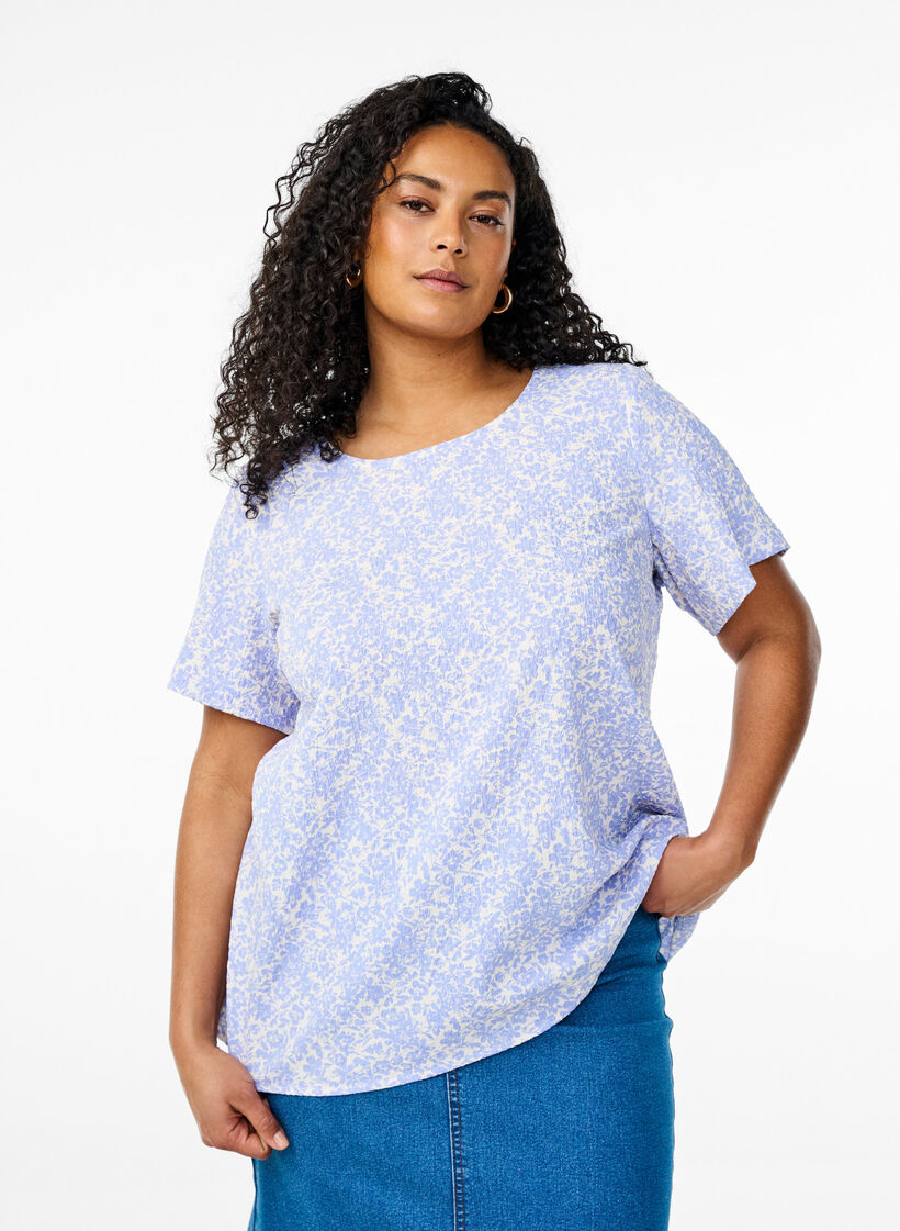 Short-sleeved blouse with texture, Blue, Model image number 0