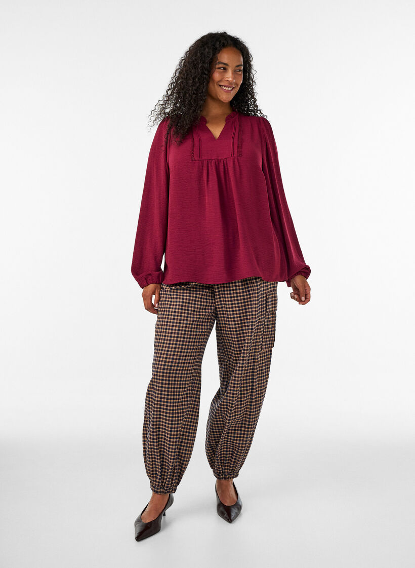 Blouse with V-neck and crochet band, Red, Model image number 1