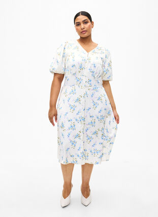 Floral satin dress with puff sleeves, Off White Blue Fl., Model image number 3