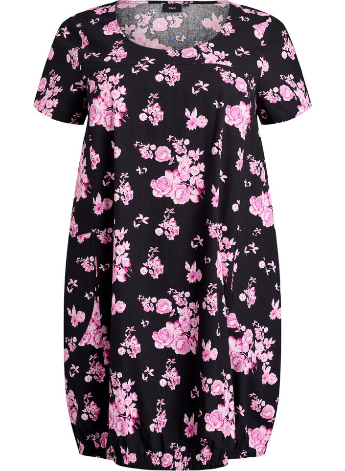Short-sleeved cotton dress with print, Black, Packshot image number 0