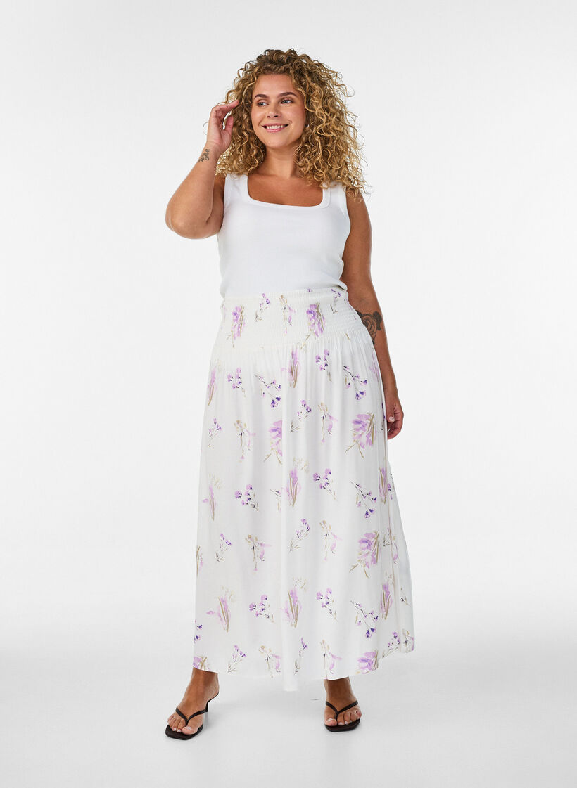 Viscose maxi skirt with smocking, White, Model image number 1