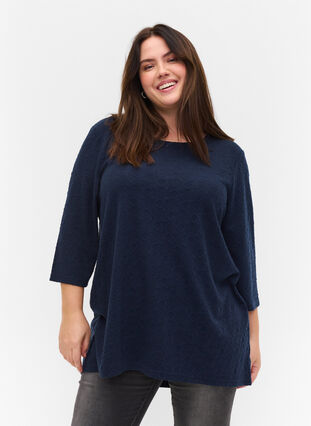 Long blouse with crew neck and 3/4 sleeves, Navy Blazer, Model image number 0