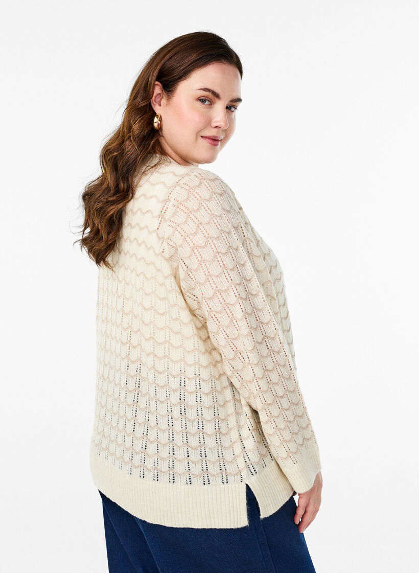 Knitted cardigan with an openwork pattern and wavy lines, Birch w. Simply T., Model image number 1