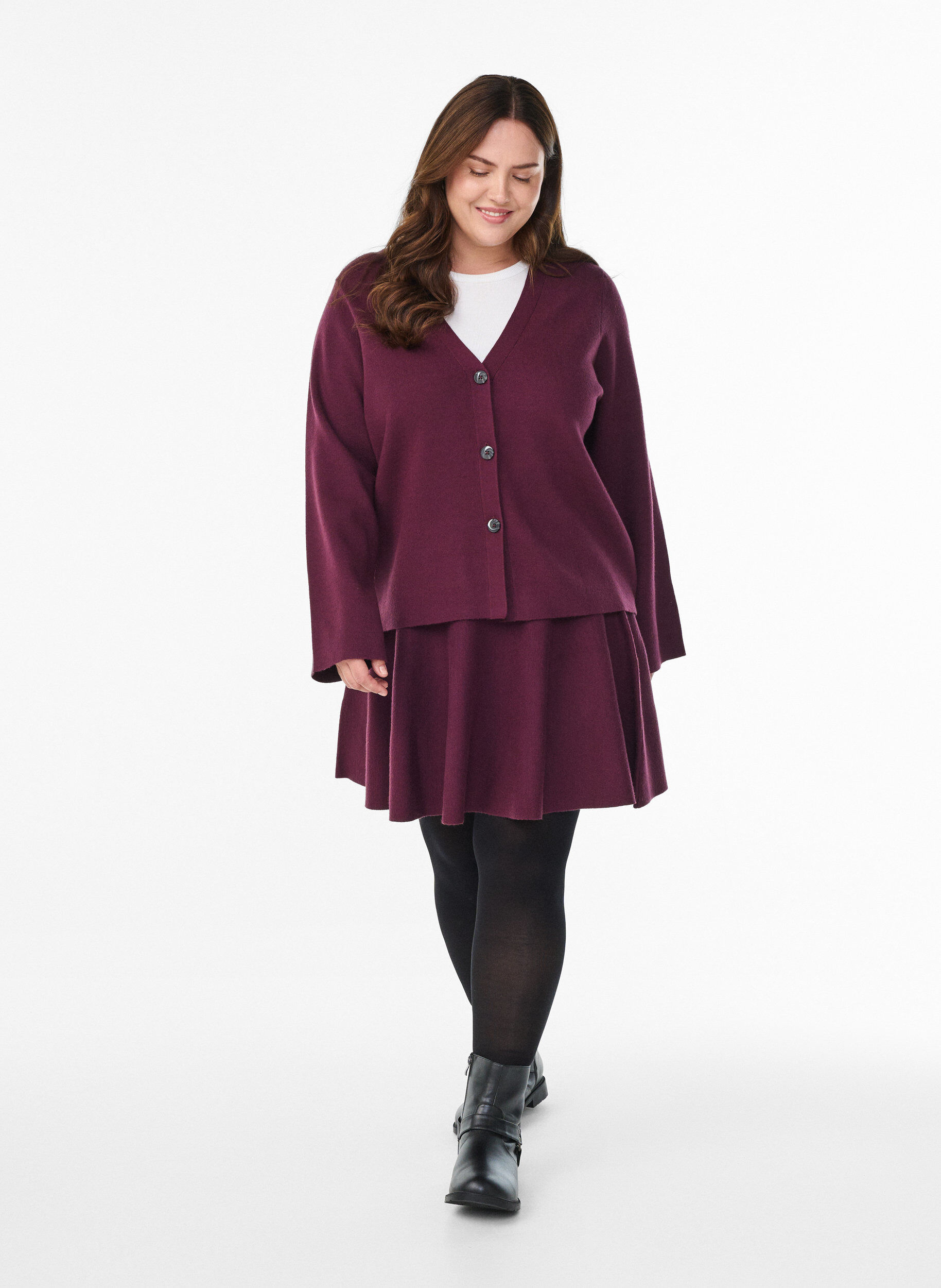 Zizzifashion Cardigan with v-neck and wide sleeves, Dark Bordeaux, Model image number 1