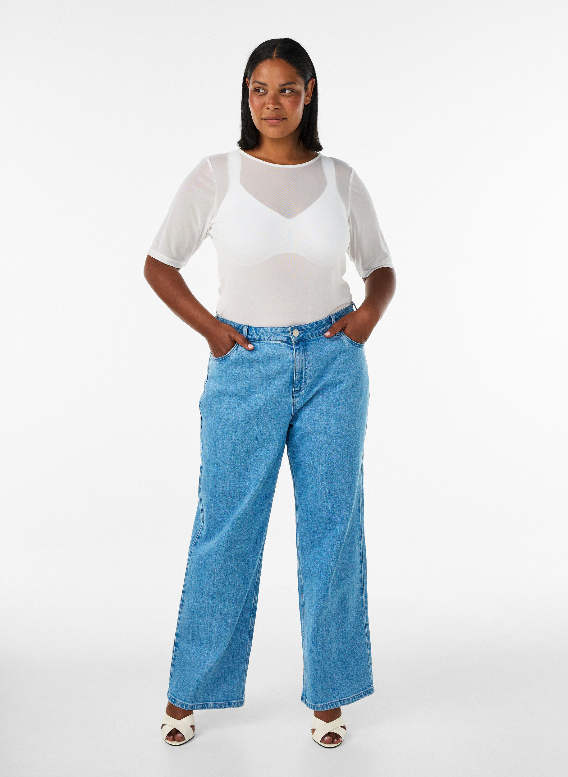 ZizzifashionMesh top with short sleeves and round neck, Vanilla, Model image number 1