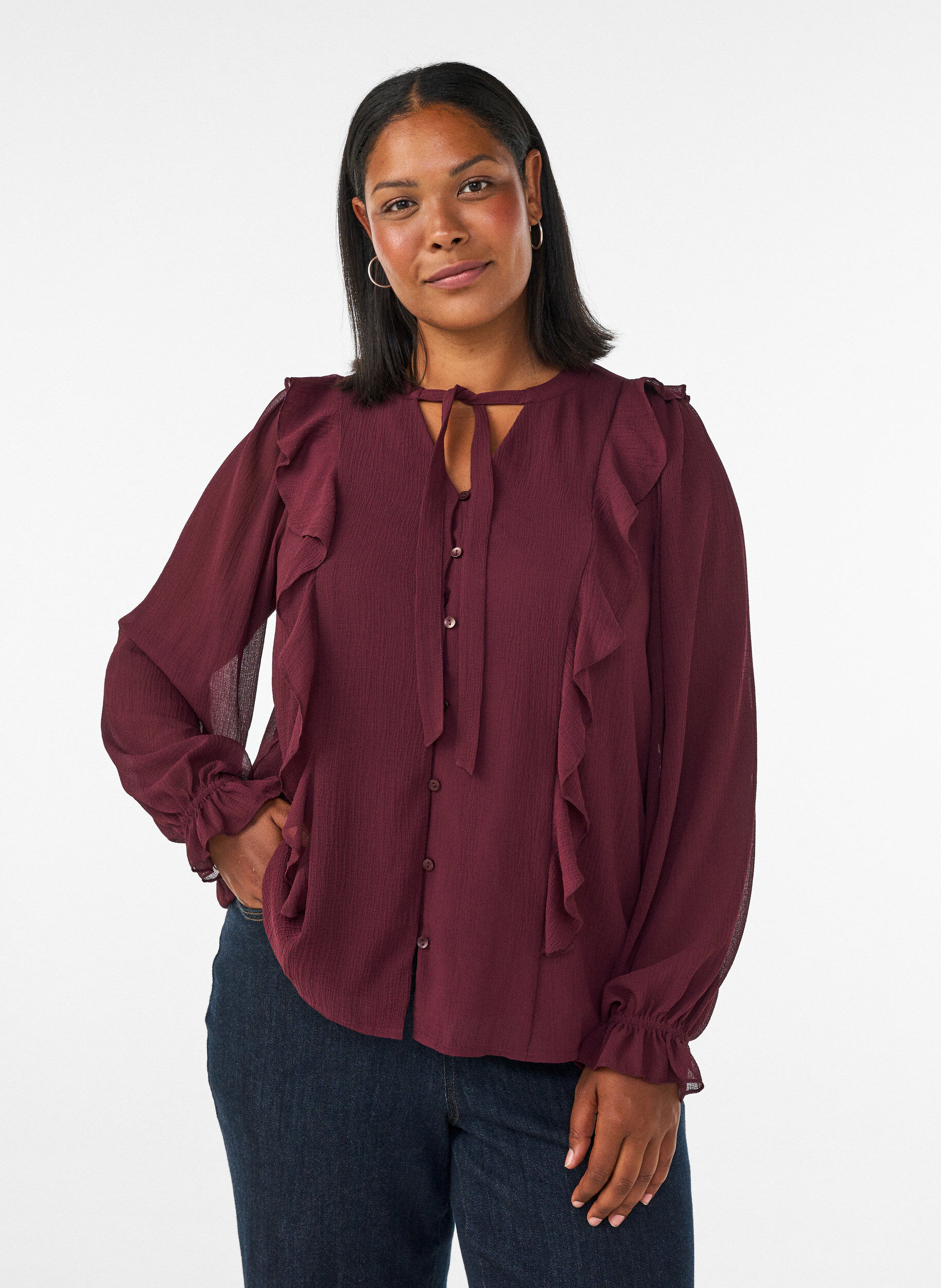 ZizzifashionSheer blouse with ruffles and tie-fastening, Red, Model image number 0