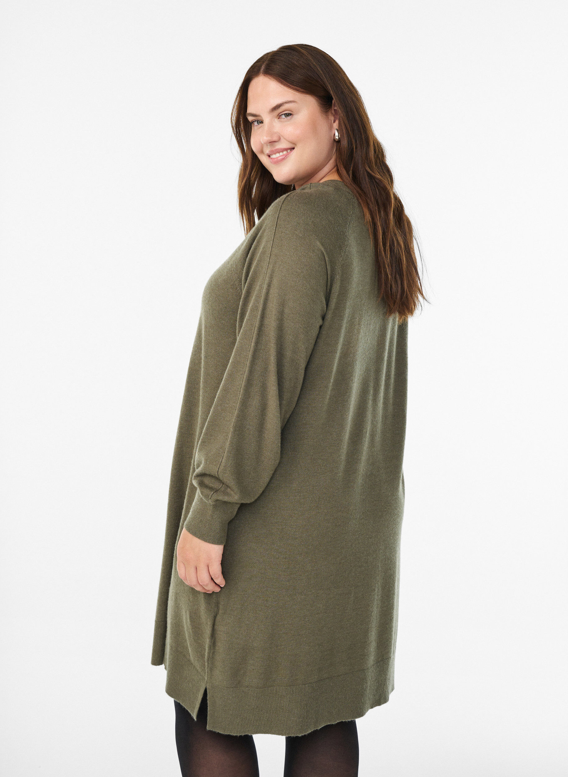 ZizzifashionShort knitted dress with raglan sleeves and a centre seam, Green, Model image number 2