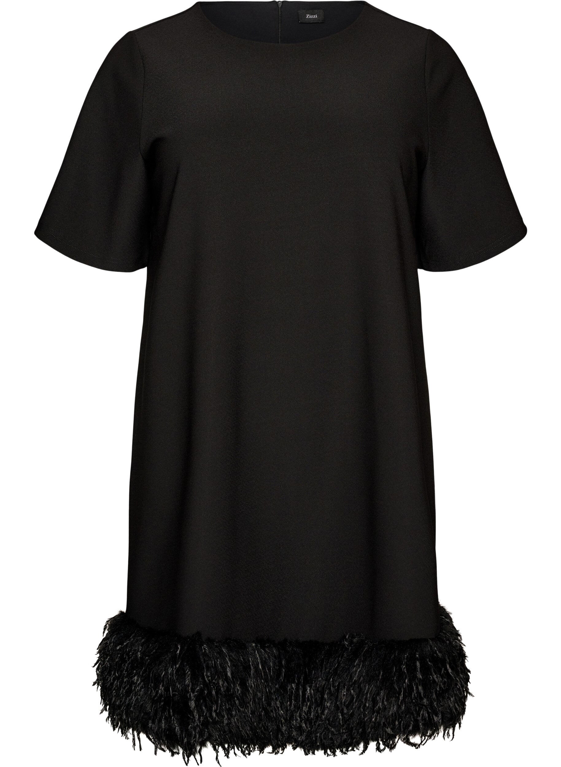 ZizzifashionShort jersey dress with feather trim, Black, Packshot image number 0