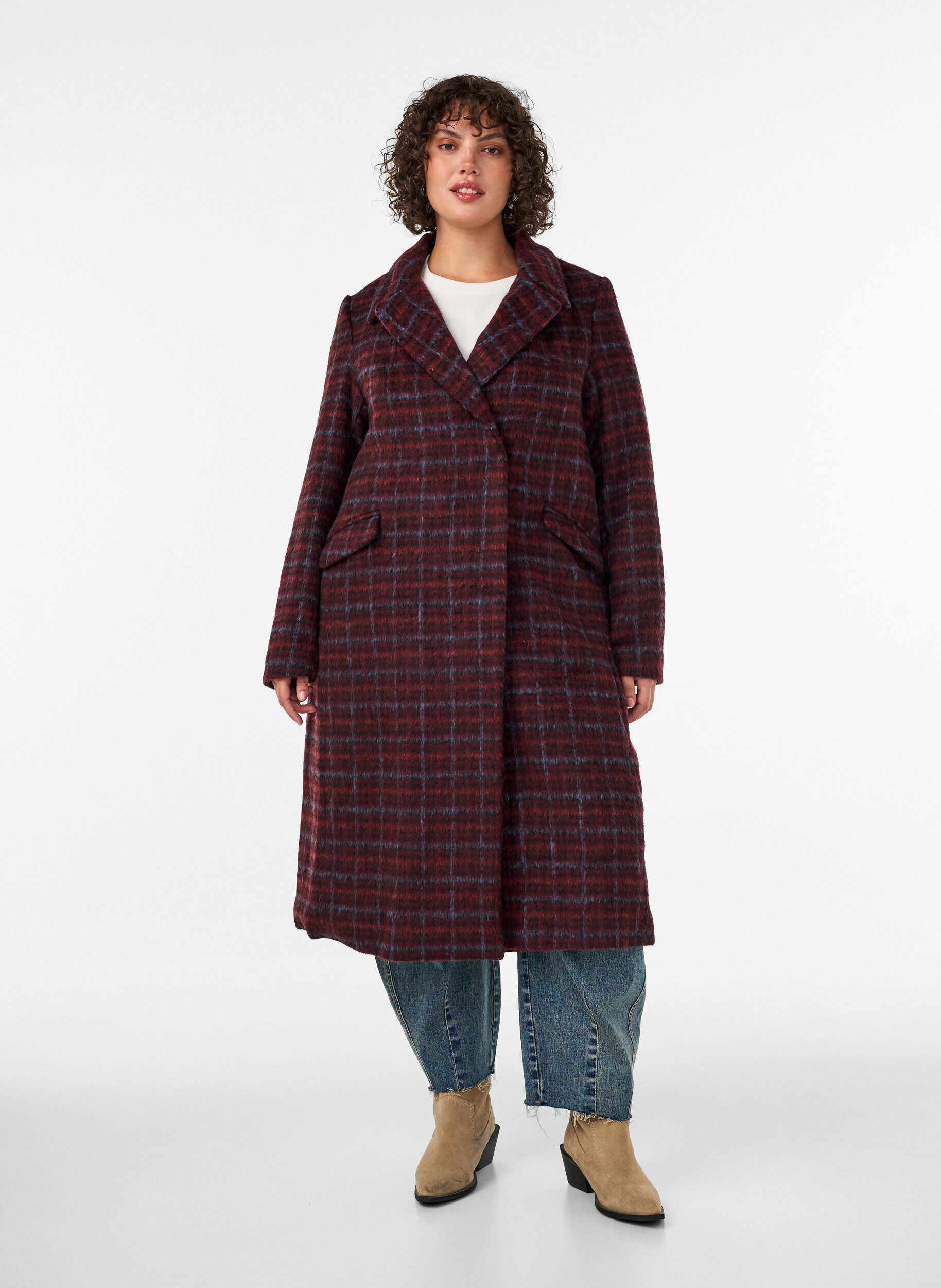 ZizzifashionChecked coat with pockets, Red, Model image number 0