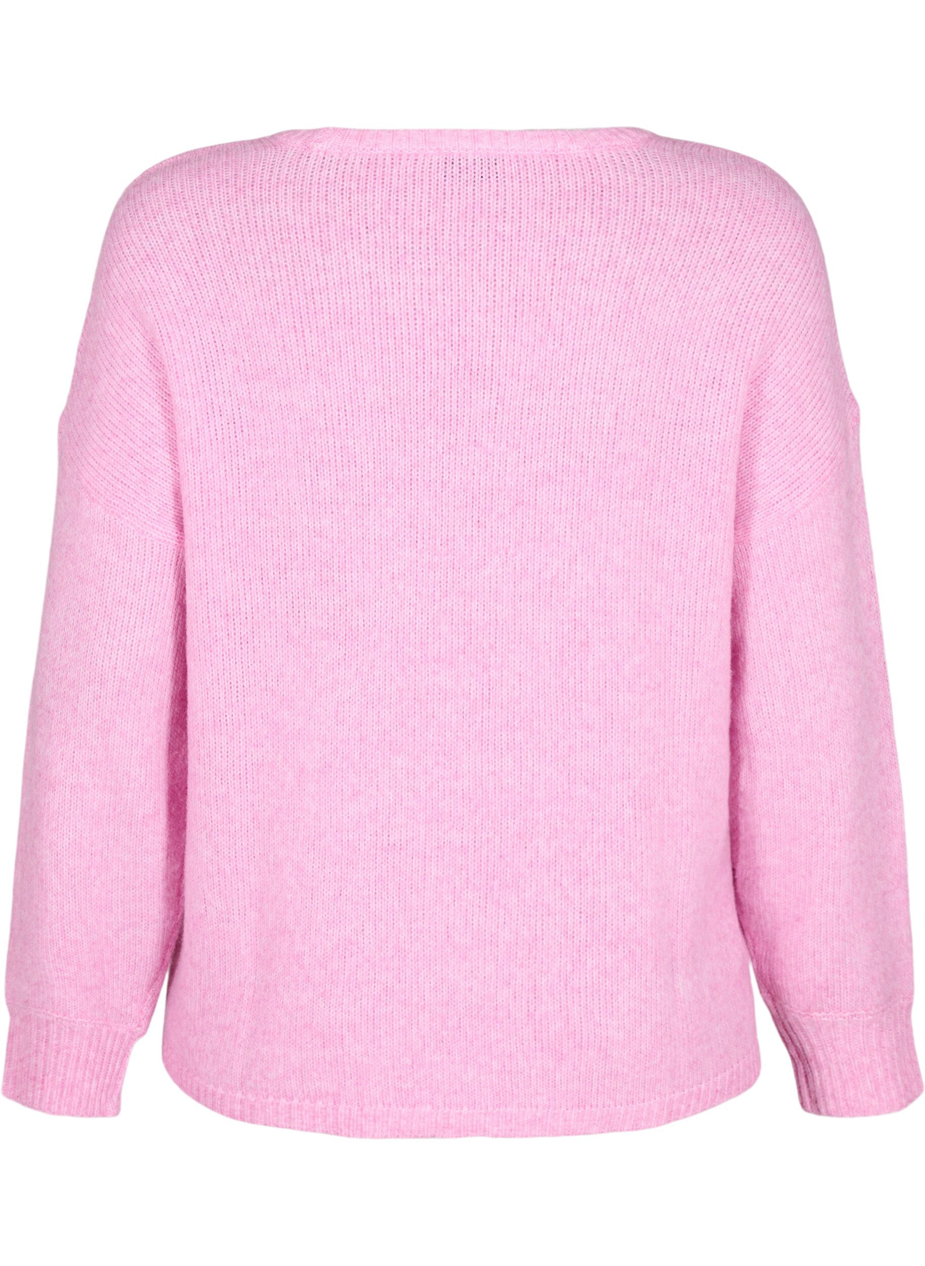 Zizzifashion Long-sleeved knitted jumper with wool and a round neck, Begonia Pink Mel., Packshot image number 1