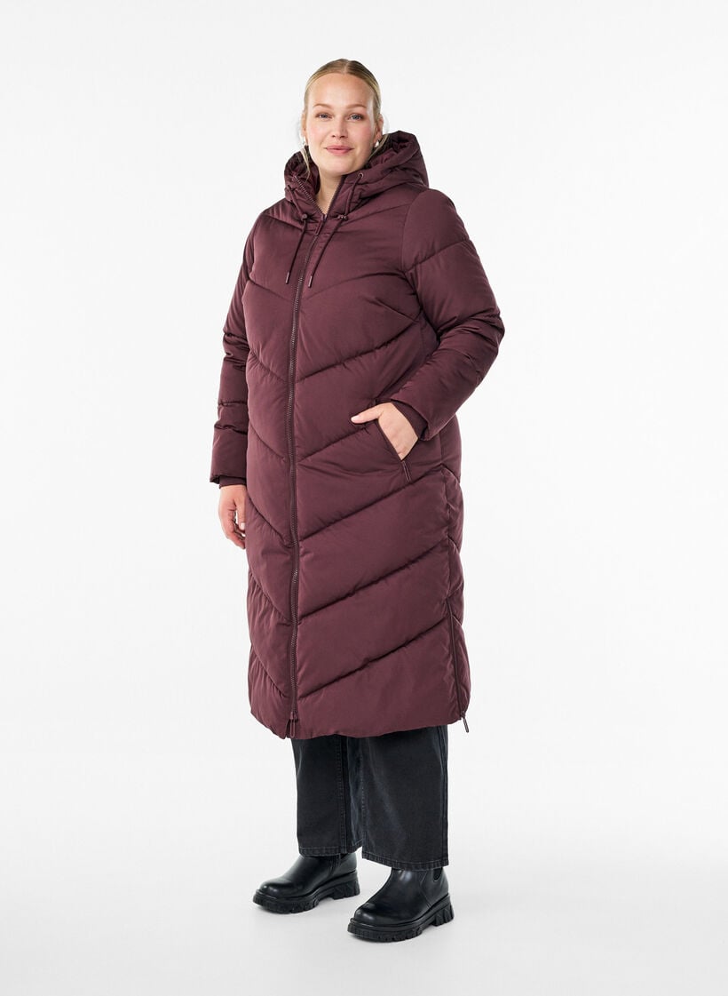 Long puffer coat with hood and pockets, Dark Bordeaux, Model image number 0