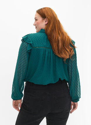Shirt blouse with ruffles and dotted texture, Shaded Spruce, Model image number 1