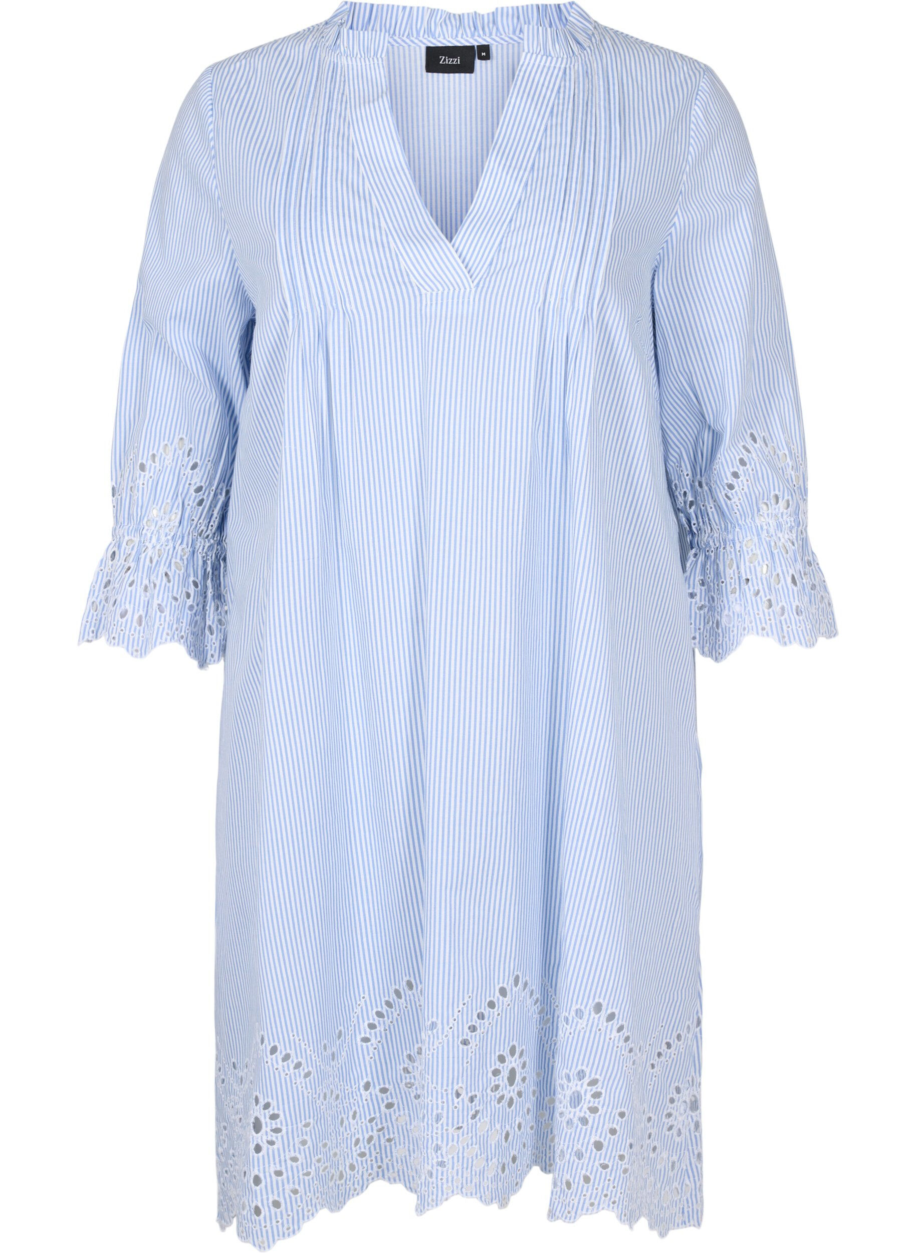 Zizzifashion Cotton dress with stripes and embroidery anglaise, Blue Stripe, Packshot image number 0