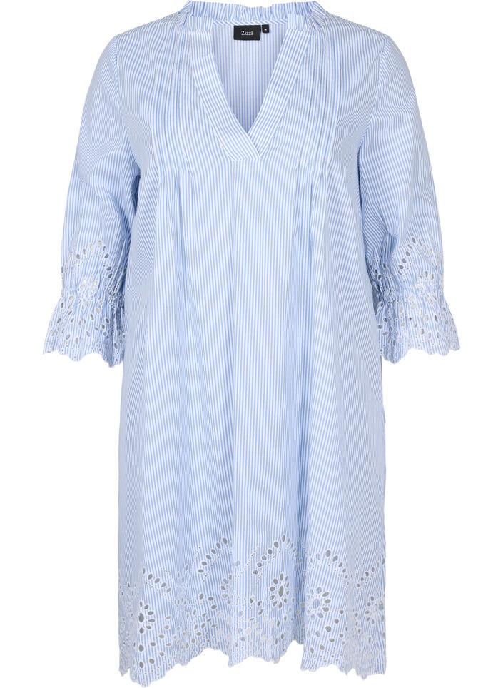 Cotton dress with stripes and embroidery anglaise, Blue Stripe, Packshot image number 0
