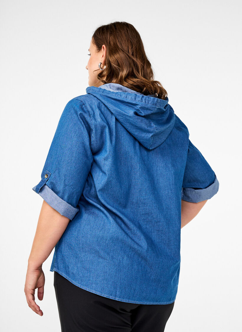 Denim blouse with hood, Medium Blue Denim, Model image number 1