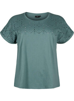 Organic cotton T-shirt with broderie anglaise, Sea Pine, Packshot image number 0