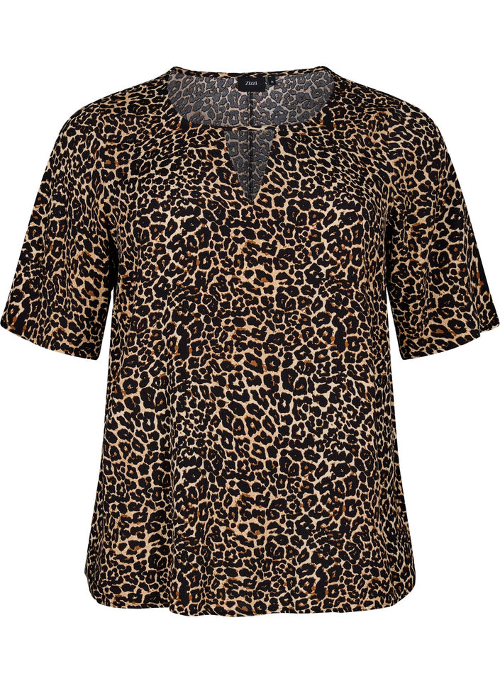 Short sleeve viscose Blouse with print, Brown, Packshot image number 0