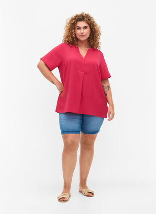 Short-sleeved v-neck blouse, Bright Rose, Model image number 2