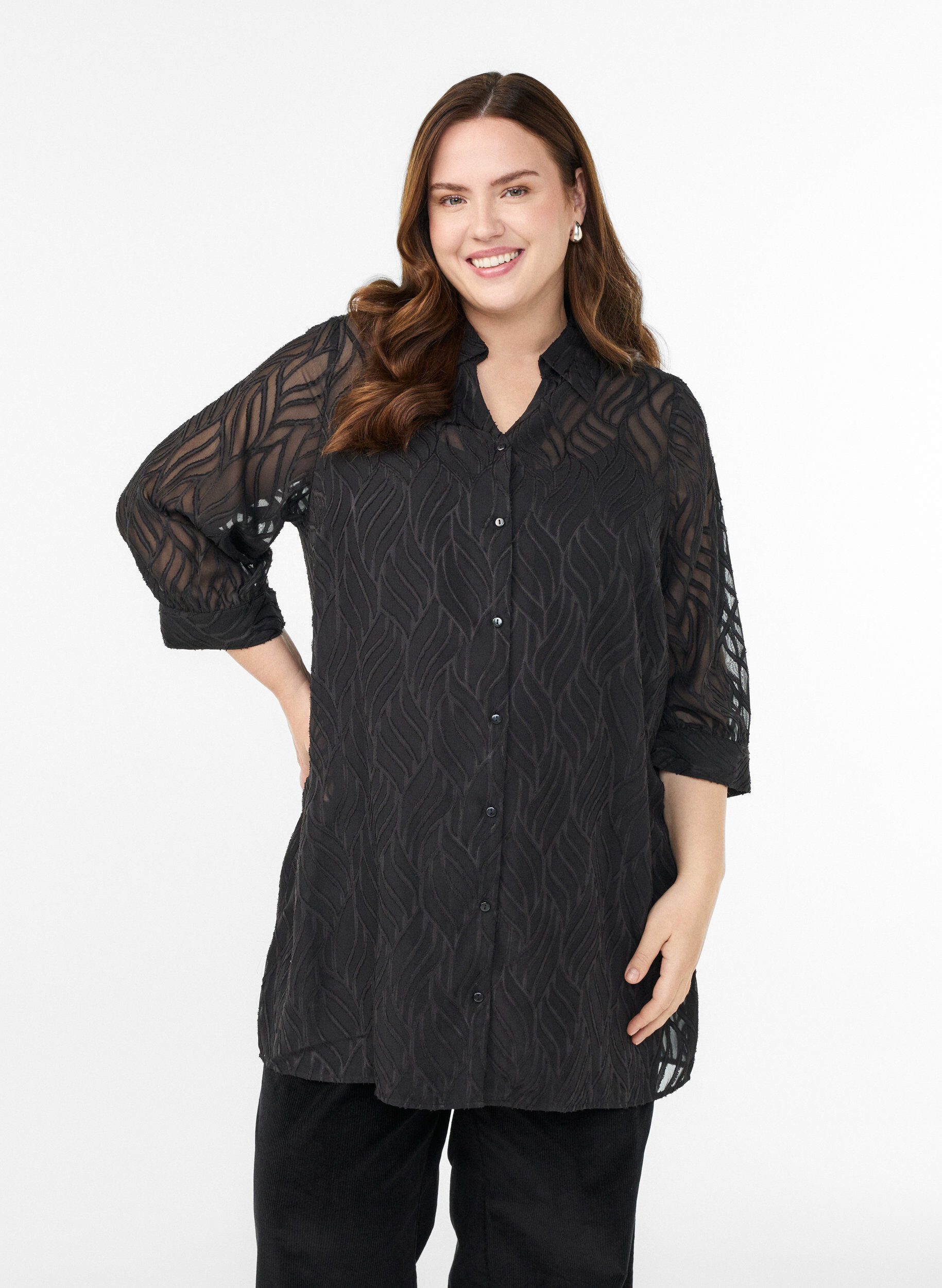 Chiffon tunic with textured pattern, Black, Model