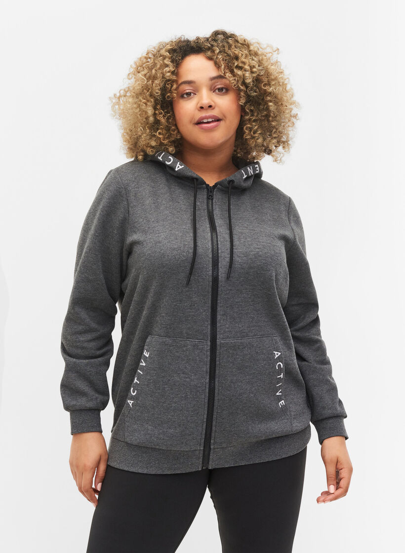 Workout hoodie jacket with zip, Dark Grey Melange, Model image number 0