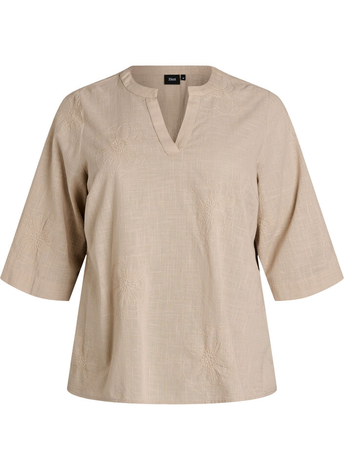 Cotton blouse with embroidered details and 3/4 sleeves, Beige, Packshot image number 0