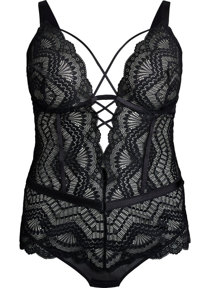 Lace bodystocking with lace details, Black, Packshot image number 0