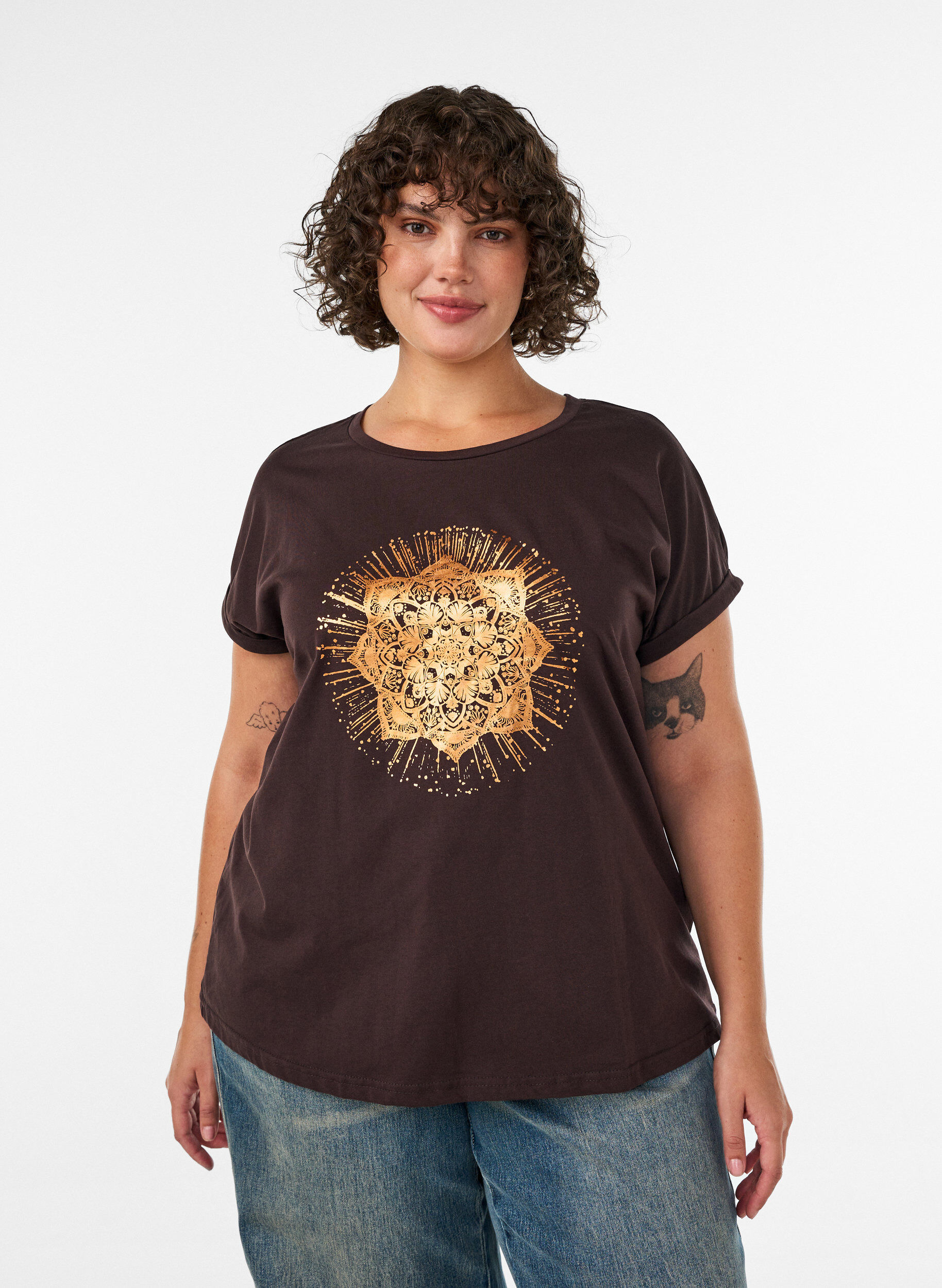 ZizzifashionT-shirt with decorative front print, Brown, Model image number 0
