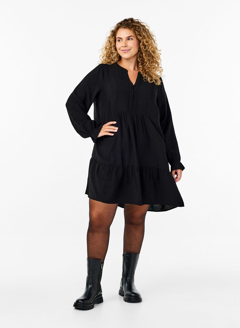 Short dress with stitching and buttons, Black, Model image number 2