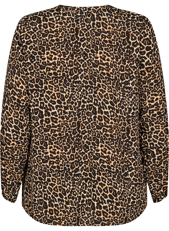 Long-sleeved blouse with leopard print and V-neck, Brown, Packshot image number 1