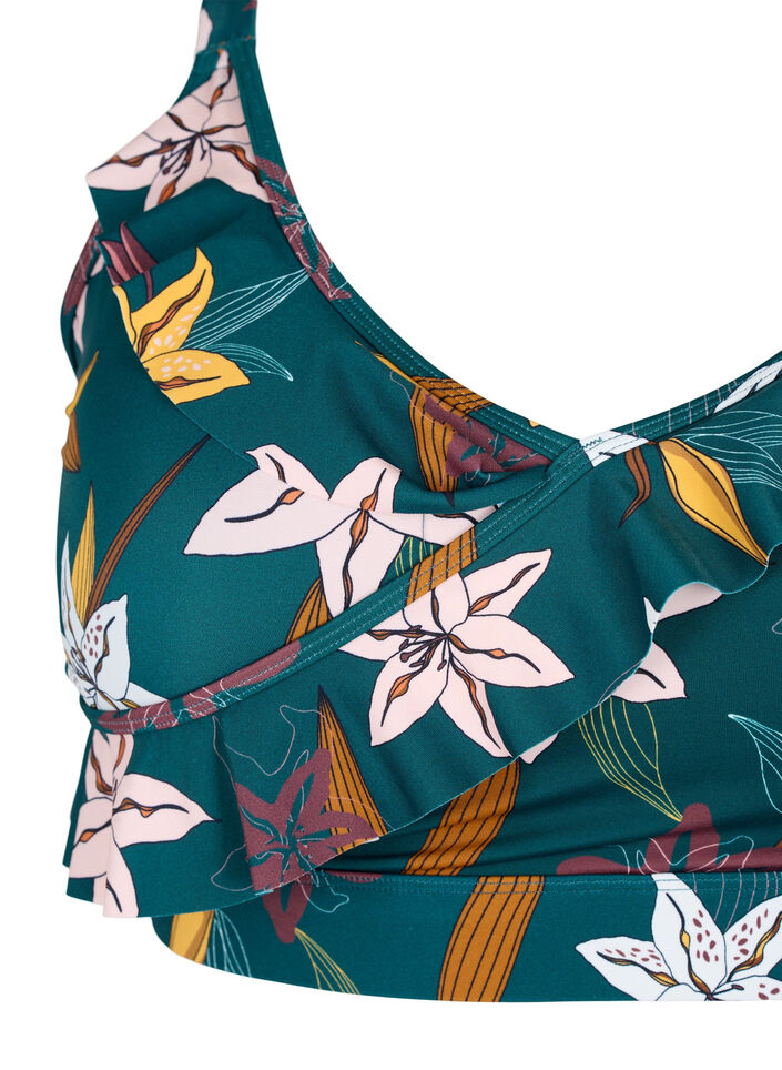 Floral bikini top with ruffle details, Green, Packshot image number 2