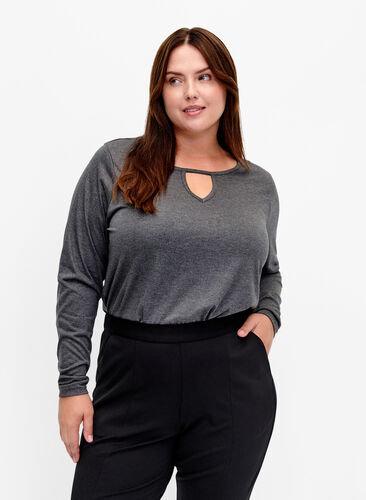 Melange blouse with long sleeves, Black Mel. , Model image number 0