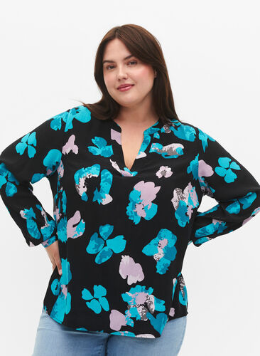 Long-sleeved viscose blouse with print, Blue AOP, Model image number 2