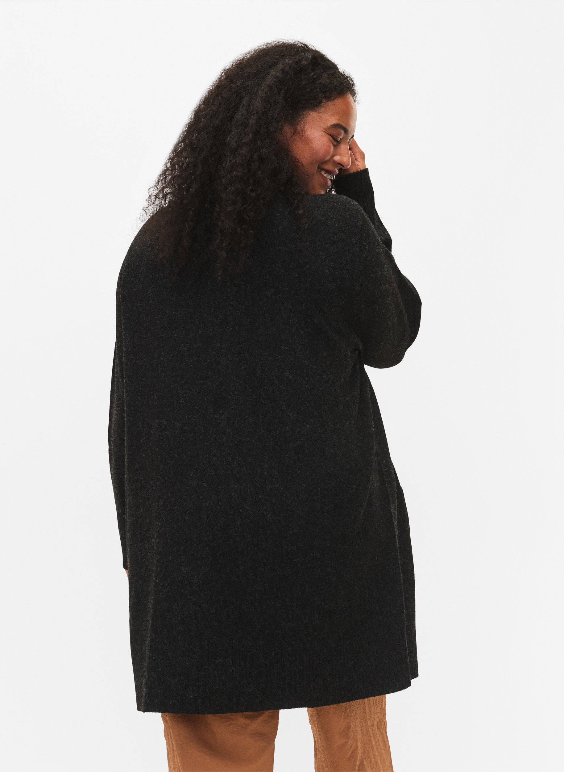 ZizzifashionRibbed Knit Cardigan with Pockets, Dark Grey, Model image number 2