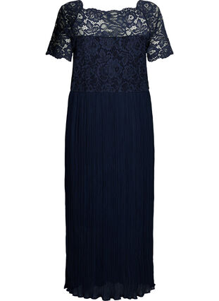 Short-sleeved maxi dress with pleats and lace, Night Sky, Packshot image number 1