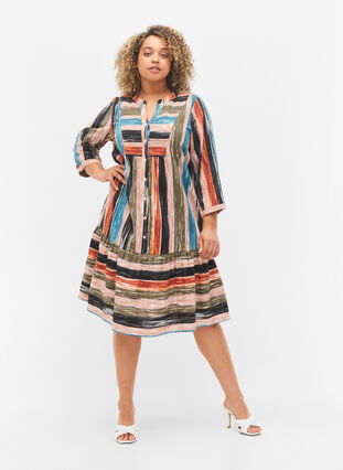 Patterned cotton dress with 3/4 sleeves, Multi Stripe AOP, Model image number 2