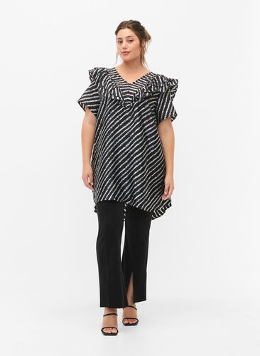 Striped tunic with frills, Black/White Stripes, Model image number 3