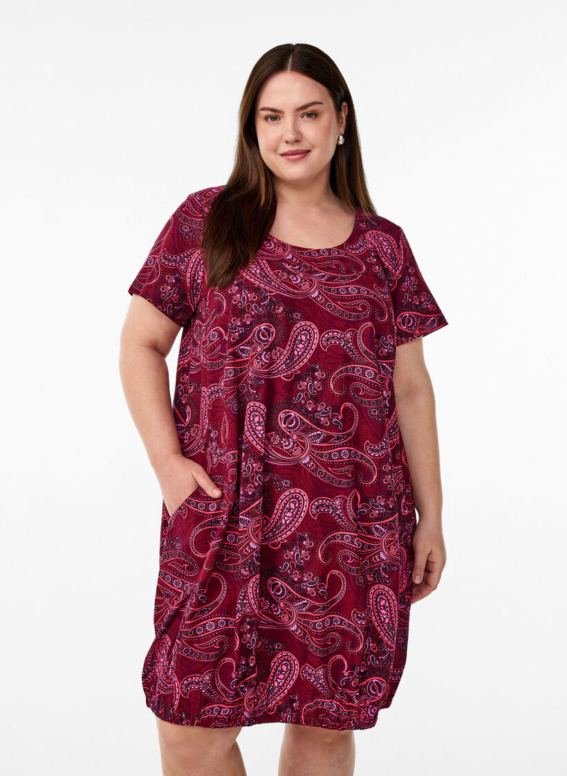 Short-sleeved cotton dress with print, Red, Model image number 0